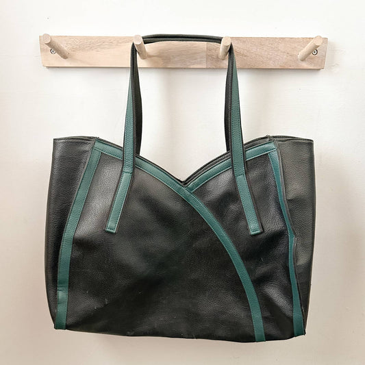 Vintage Black & Teal Large Leather Tote